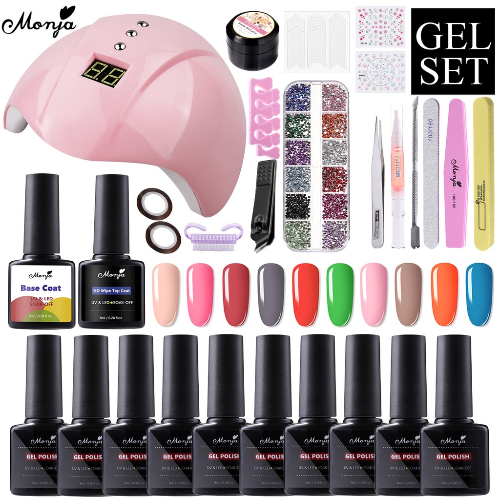 Monja 10 cái Sơn Gel Móng Tay Bộ 36W Đèn LED UV 8ml Lớp Cơ Sở Hàng Đầu Sơn Móng Tay Vecni Thạch Nhãn Dán Trang Trí Bộ Làm Móng
