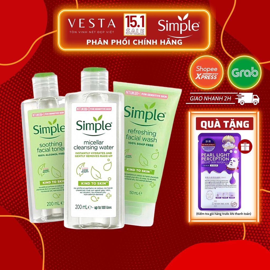 Combo 3 Simple ( Sữa Rửa Mặt + Nước Tẩy Trang + Toner Nước Hoa Hồng) Kem Dưỡng Ẩm Da , Tẩy Tế Bào Da Chết Dịu Nhẹ