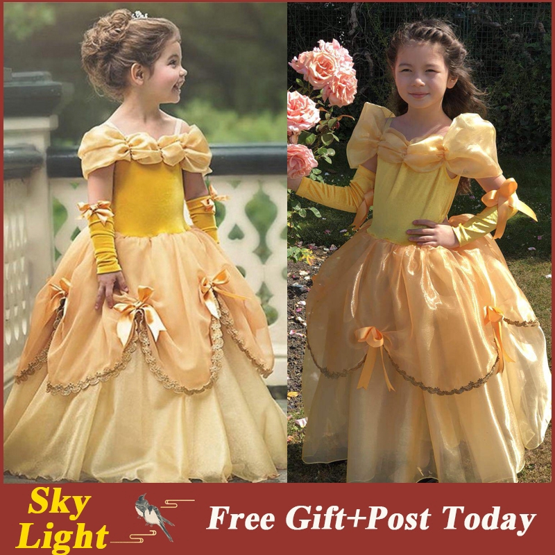 Váy đầm dạ hội hóa trang phong cách công chúa Belle Aurora Sofia Cinderella cho bé gái