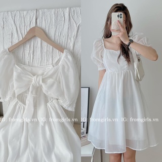 Váy trắng hở lưng, đầm trắng dự tiệc viền ren lưng buộc nơ - V92