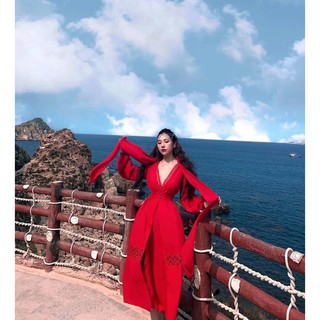 Đầm công chúa đi biển cao cấp đỏ maxi phối ren xẻ tà KÈM KHĂN CHOÀNG MSP016( HÌNH THẬT CHỤP SÀN 100%)