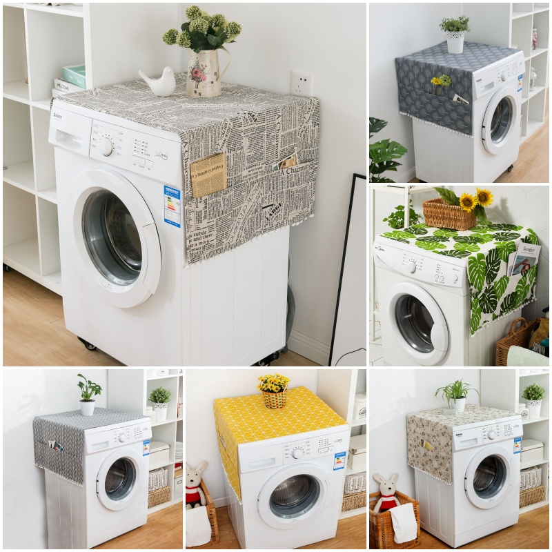 Khăn phủ máy giặt lồng ngang Mary Decor vải bố linen chạy pompom trắng cực yêu, kích thước 55 x 130- Quà tặng Noel