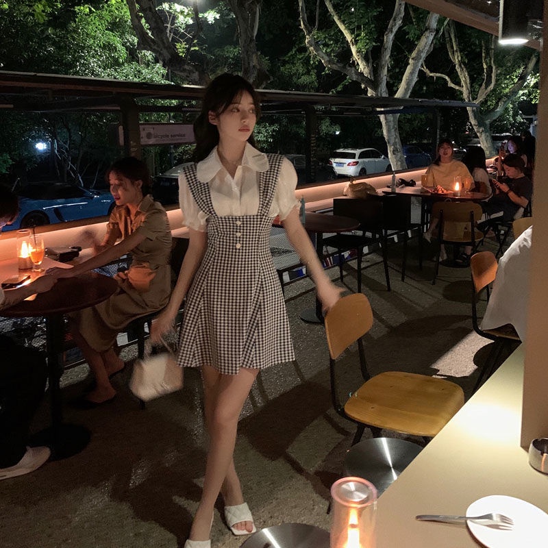 Set Đầm Ngắn Sọc Ca Rô + Áo Sơ Mi Trắng Phong Cách Pháp Thời Trang Mùa Hè Mới Cho Nữ | BigBuy360 - bigbuy360.vn