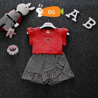 Áo thun cotton thêu trái tim + váy quần caro kate cho bé gái mặc dạo phố, shopping