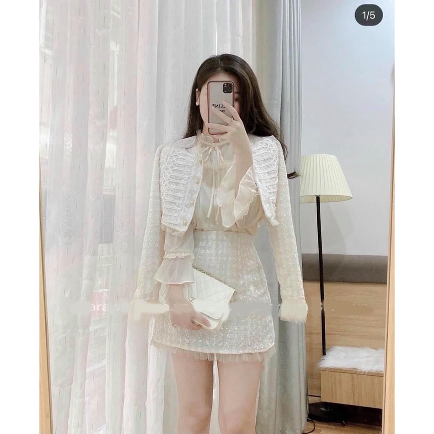 Bộ Dạ Tweed Viền Ren, Set Dạ Tweed Áo Dạ Tweed  Kèm Chân Váy Dạ Tweed Phối Lưới / 2 Màu Trắng Xanh / Size S-M