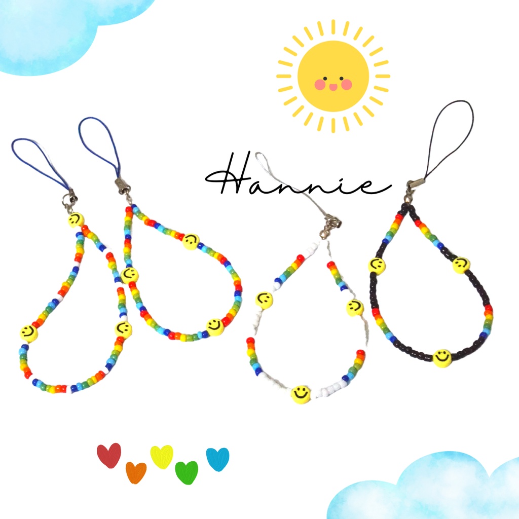 (Đen/trắng/cầu vồng) Móc khóa hạt cườm nhựa mặt cười - Phụ kiện dây treo điện thoại túi xách balo chìa khóa handmade