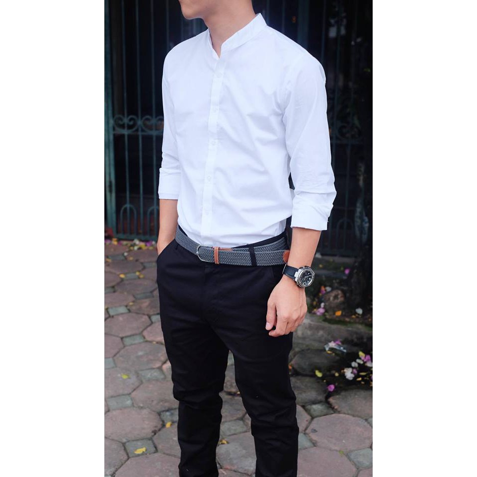 Sơ Mi Nam Cổ Tàu Chất Lụa Mịn Màu Đen Dáng Body Lịch Lãm | BigBuy360 - bigbuy360.vn