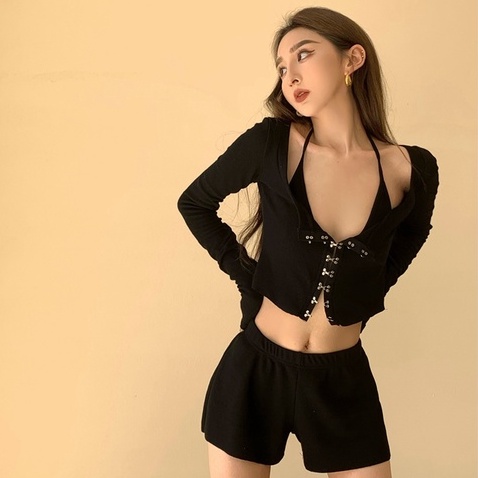 Bộ Áo Khoác Cardigan Dài Tay + Quần Short Lưng Cao Ống Rộng Thời Trang Thu Đông Hàn Quốc Mới