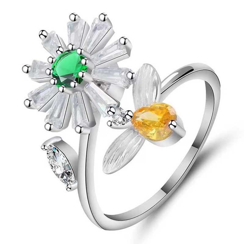 Nhẫn bạc họa tiết hoa và ong đính đá zircon có thể xoay điều chỉnh hỗ trợ giảm căng thẳng lo âu thời trang cho nữ