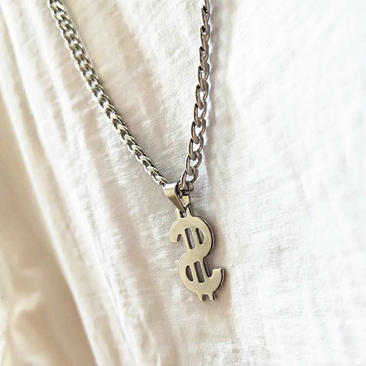 Vòng cổ chuỗi xích BROO mặt đồng đô la, dây chuyền titan phong cách hiphop cho nam nữ