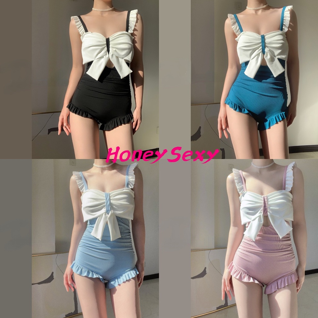 Bộ Đồ Bơi Co Giãn Mềm Mại Màu Trơn 4 Màu Phong Cách Vintage Dễ Thương Cho Nữ