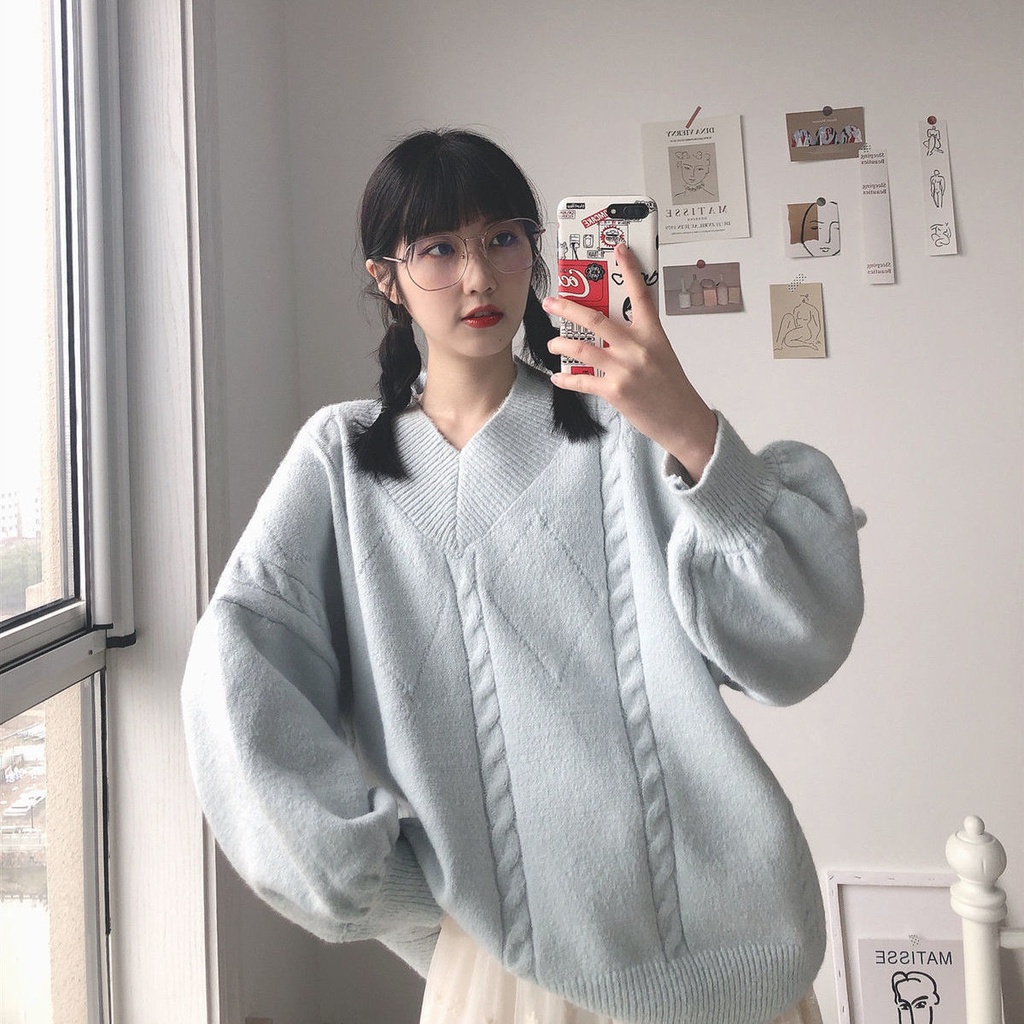 Mới Áo Sweater Dệt Kim Tay Dài Dáng Rộng Cổ Chữ V Màu Trơn Kiểu Hàn Quốc Xinh Xắn Cho Nữ