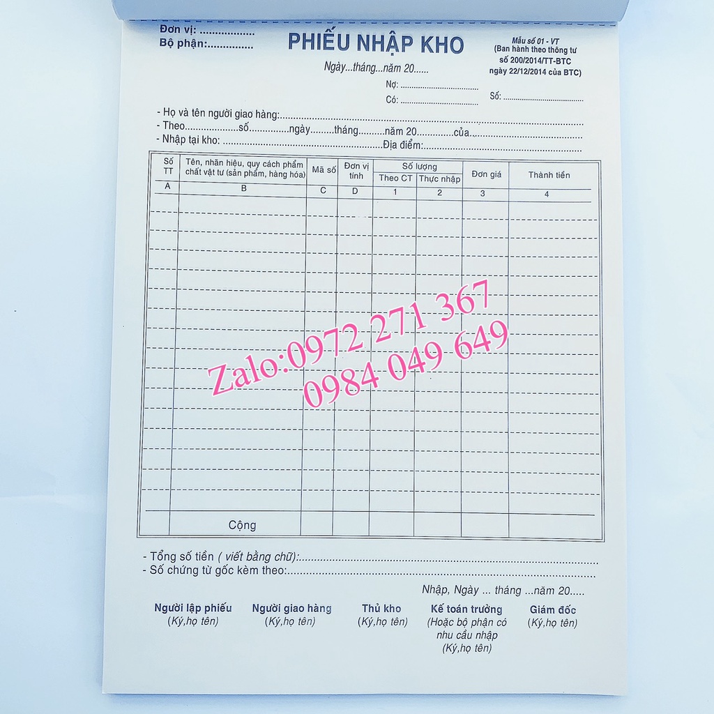 Phiếu nhập kho, Phiếu xuất kho A4 2 liên 60 tờ, 100 tờ