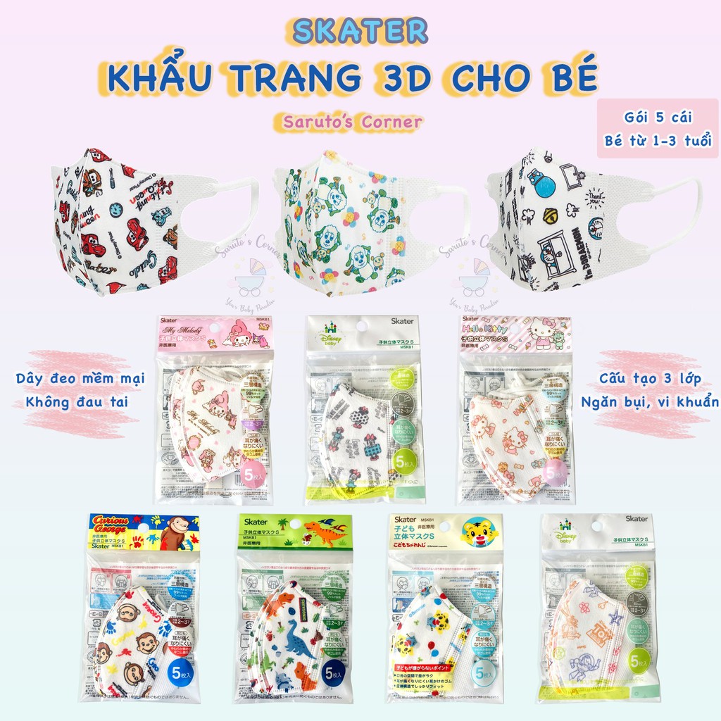 Khẩu trang trang hoạt hình 3D cho bé từ 1-3 tuổi (Gói 5 cái)