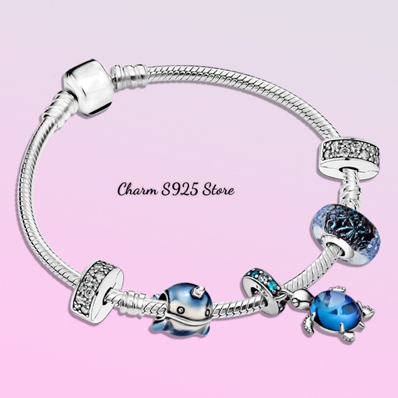 charm pan thuỷ tinh hoa biển xanh bạc s925 cao cấp