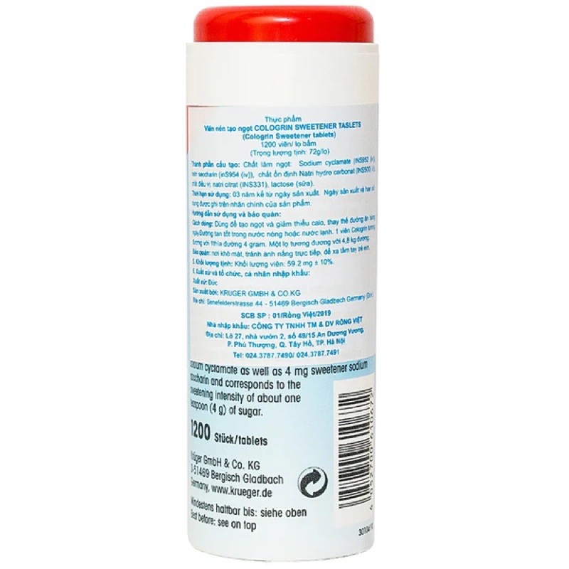 Đường Ăn Kiêng Cologrin Kruger chai 1200 Viên