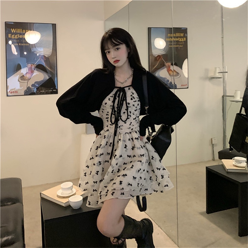 Set trang phục ZHELIHANGFEI đầm hai dây họa tiết hoa và áo khoác cardigan dệt kim dáng ngắn thời trang cho nữ