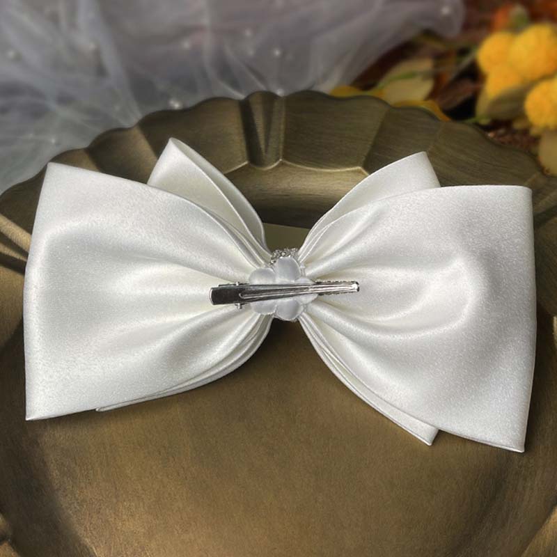 Nơ Cài Tóc Đính Đá Satin Màu Trắng / Đỏ / Đen Thanh Lịch Dành Cho Cô Dâu