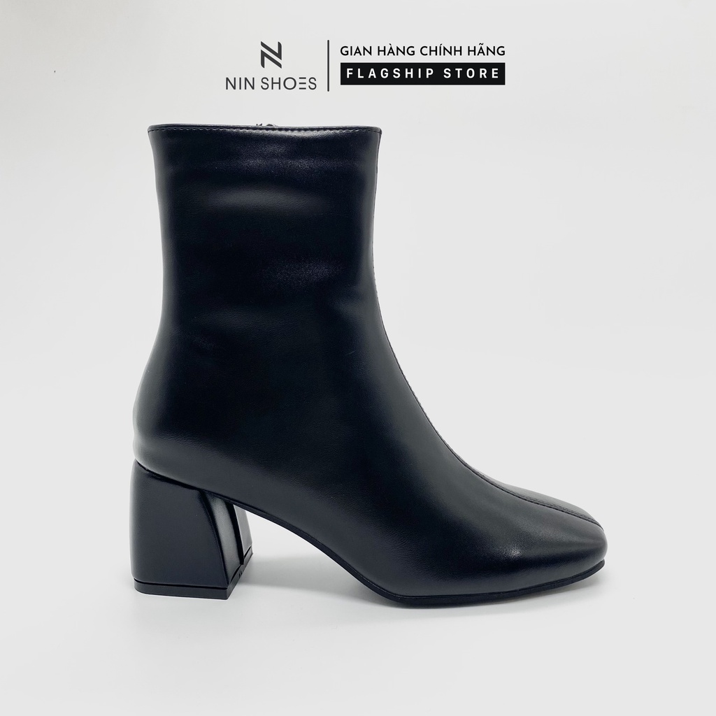 Giày boot nữ cao 5p QCCC cao cổ kéo khóa hông gót vuông da si Ninshoes | BigBuy360 - bigbuy360.vn