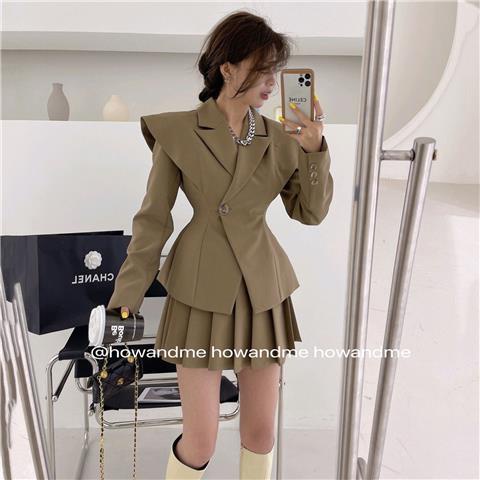 Set áo khoác vest dáng ngắn phối chân váy xếp ly thời trang 2021 cho nữ