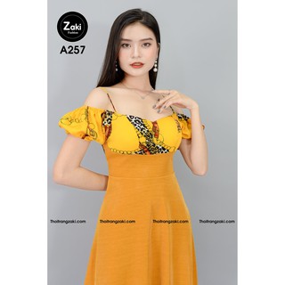 Đầm Dáng Xòe Trễ Vai Phối Họa TIết Cao Cấp ZAKI A257