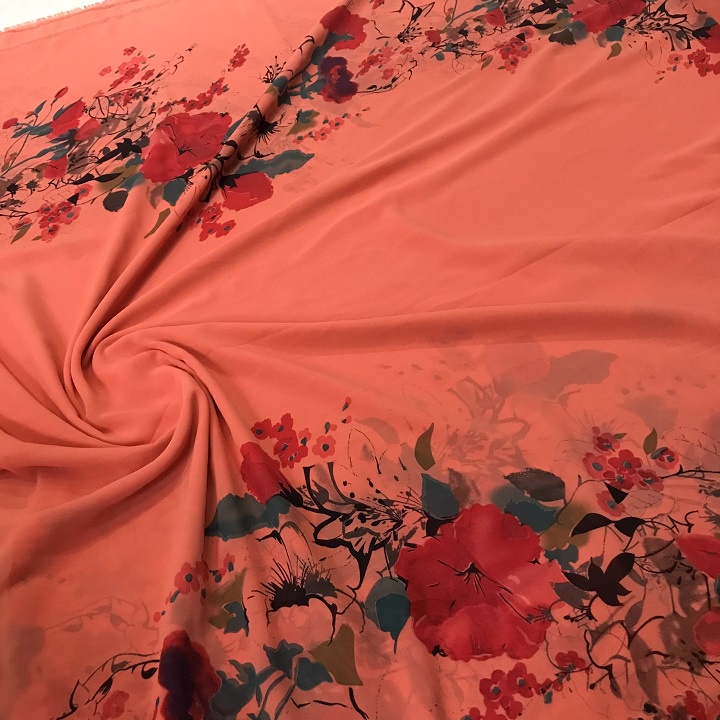 Vải Voan Hoa Hai Đầu Nền Cam Khổ 1m5 - Chất Mỏng Rũ, Mềm, Cần Lót - May Áo Dài, Áo Kiểu
