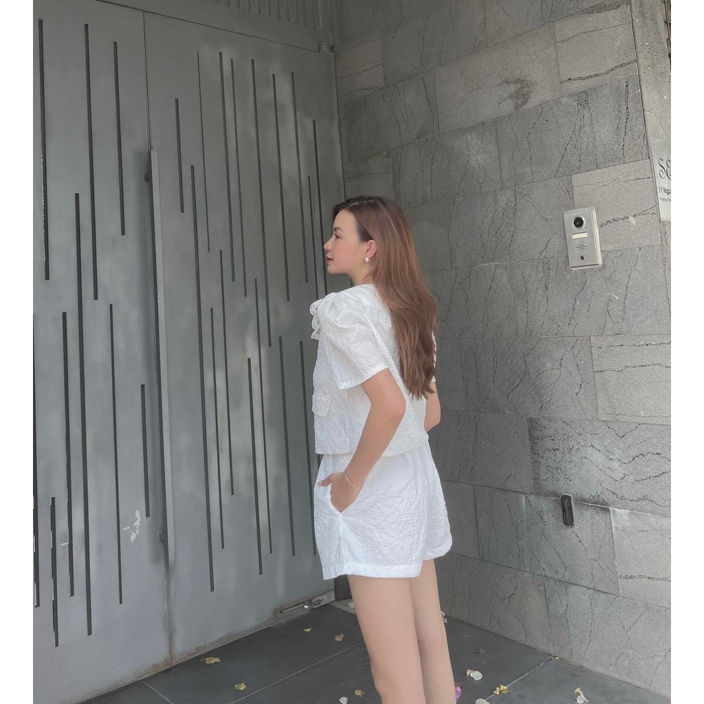 [HÀNG THIẾT KẾ CAO CẤP] Set Xốp Cổ Ren + Quần Short Thoải Mái Mặc Nhà / Đi Biển Màu Trắng / Xanh