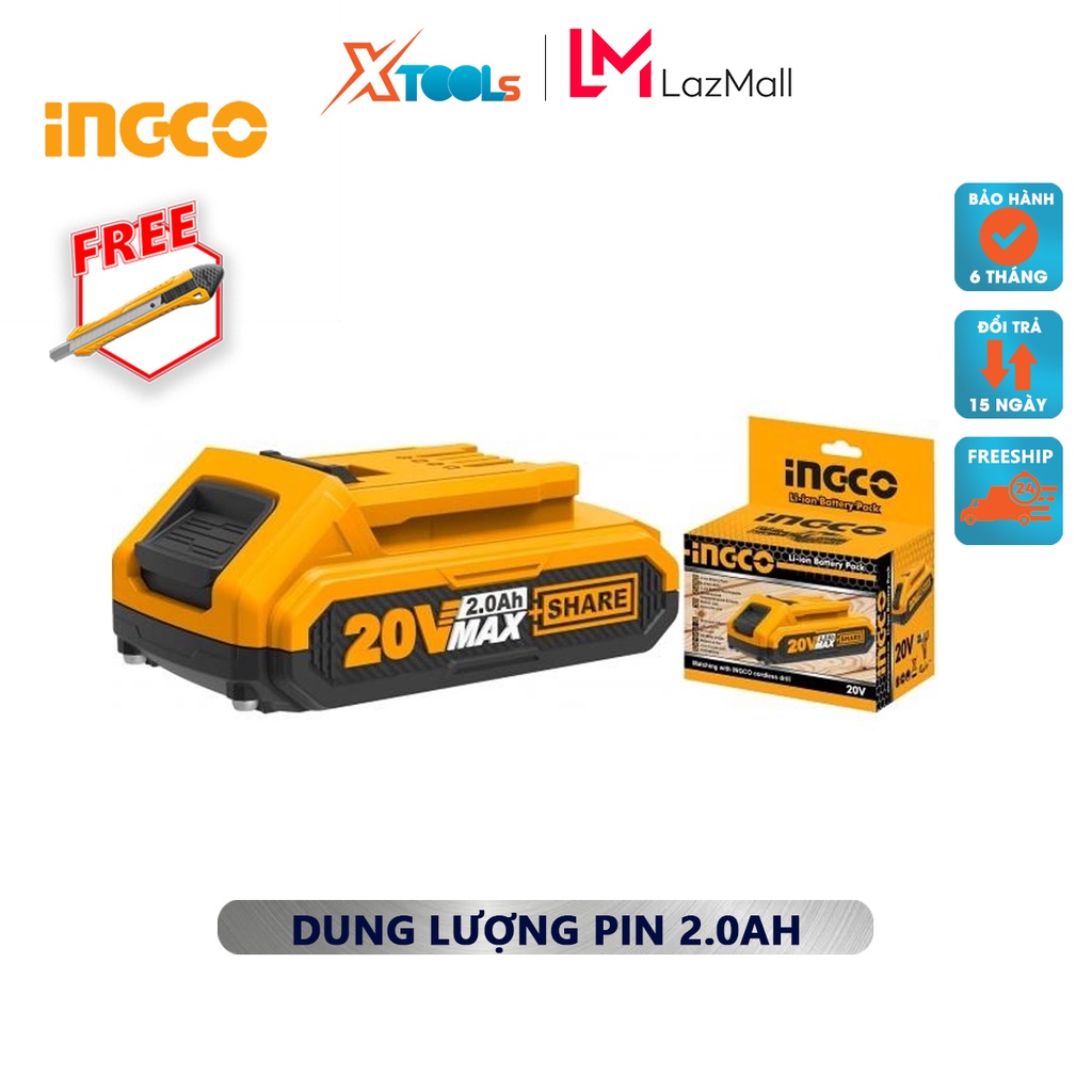 Pin Lithium-Ion INGCO FBLI20011 | pin sạc Lithium dung lượng pin 20V/ 2.0Ah phù hợp cho nhiều loại máy Ingco 20V dùng để