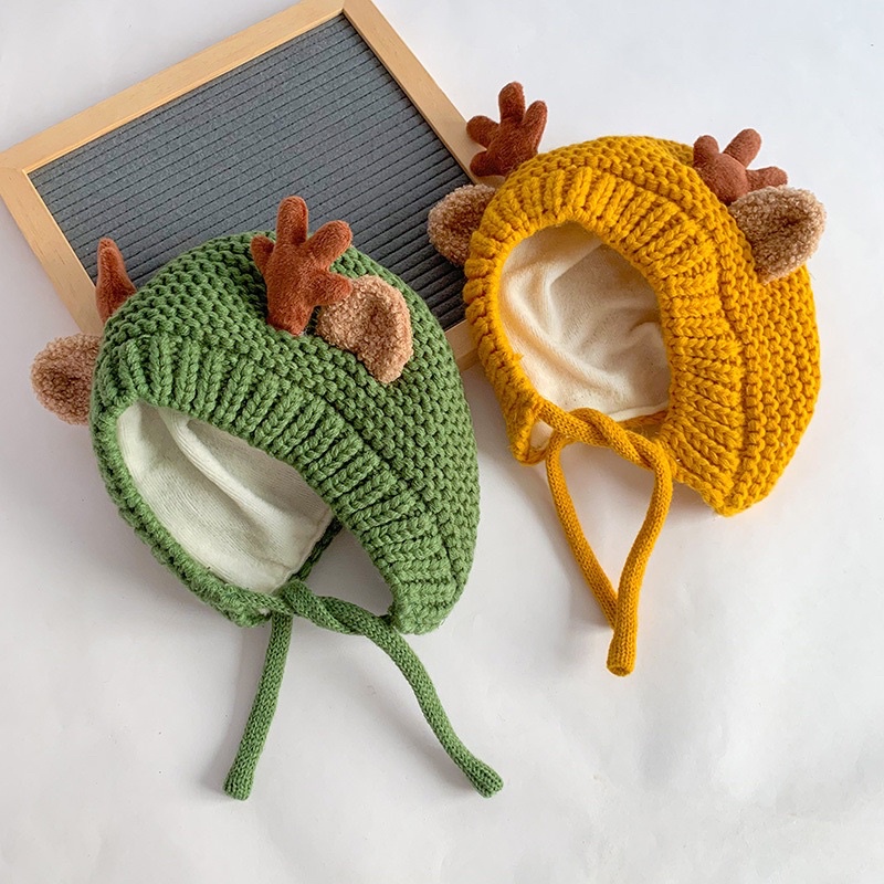 Mũ len tuần lộc, cục bông mùa đông xinh xắn cho bé trai bé gái 6-24 tháng