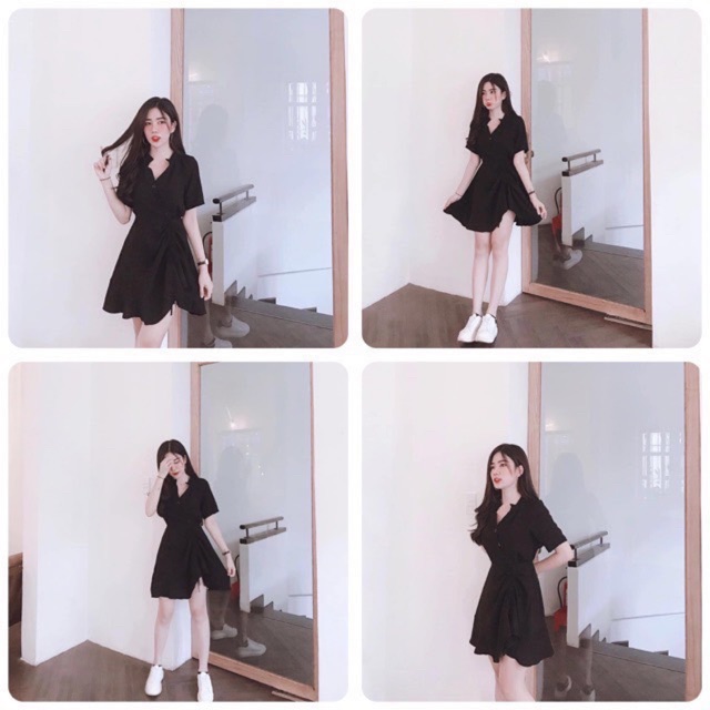 (Sale)ĐẦM ĐEN NÚT RÚT DÂY CỔ TRỤ