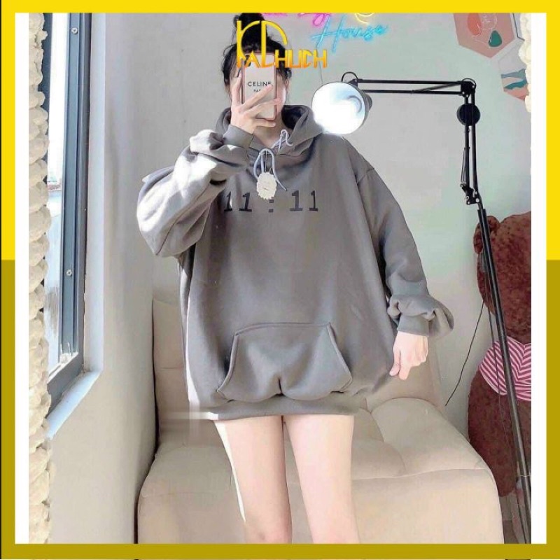 Áo hoodie tay phồng in 11:11 giờ, form rộng &lt;65kg hàng nỉ ngoại dày dặn nón 2 lớ