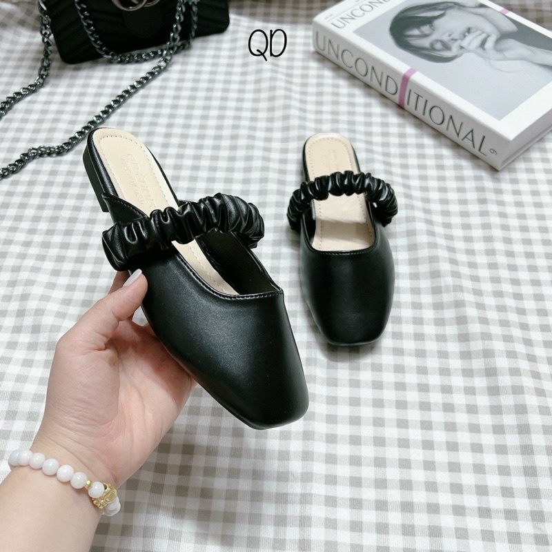 Dép sục bệt quai nhún ngang da lì mũi vuông