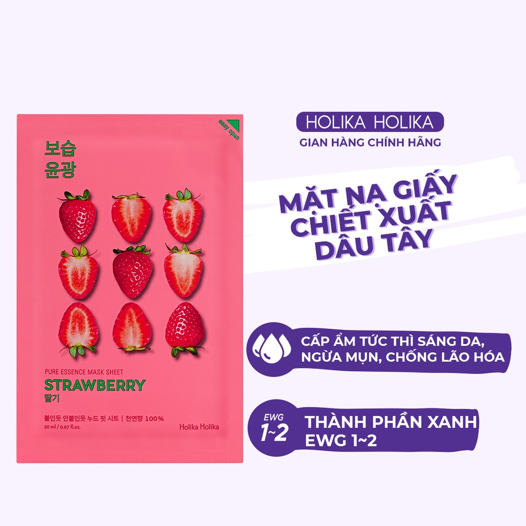 Mặt nạ giấy 3D Hàn Quốc Holika Holika chiết xuất Dâu Tây Pure Essence Mask dưỡng ẩm chăm sóc da 23ml