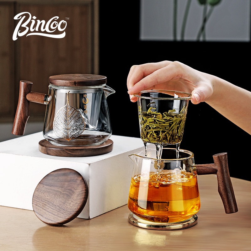 Bincoo Cốc Thủy Tinh Uống Trà Có Tay Cầm Bằng Gỗ Tiện Dụng