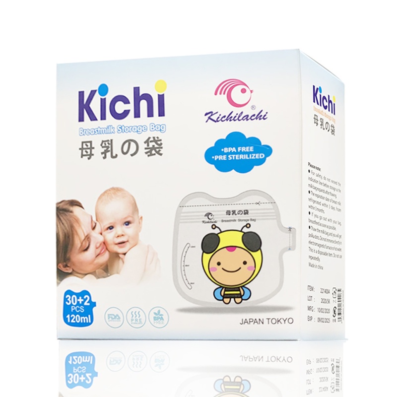 (Tặng kèm 01 bút dấu) Hộp 30+2 túi trữ sữa Kichi dung tích 120ml họa tiết ong thợ chăm chỉ
