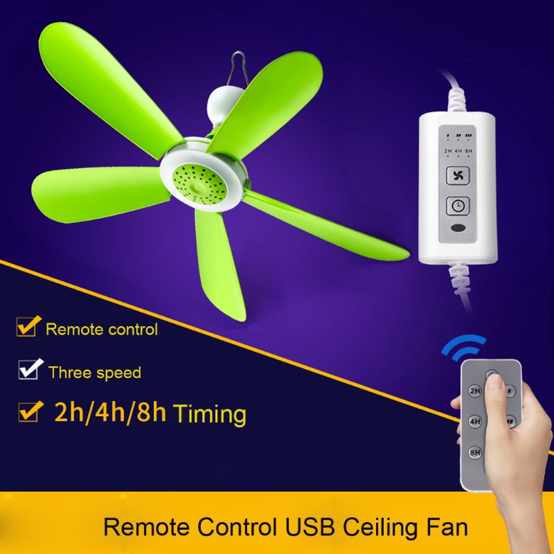 Quạt Trần 3 Bánh Răng Điều Khiển Từ Xa DC5V 5W USB Màu Xanh Lá Cây Dành Cho Lều Cắm Trại Ngoài Trời