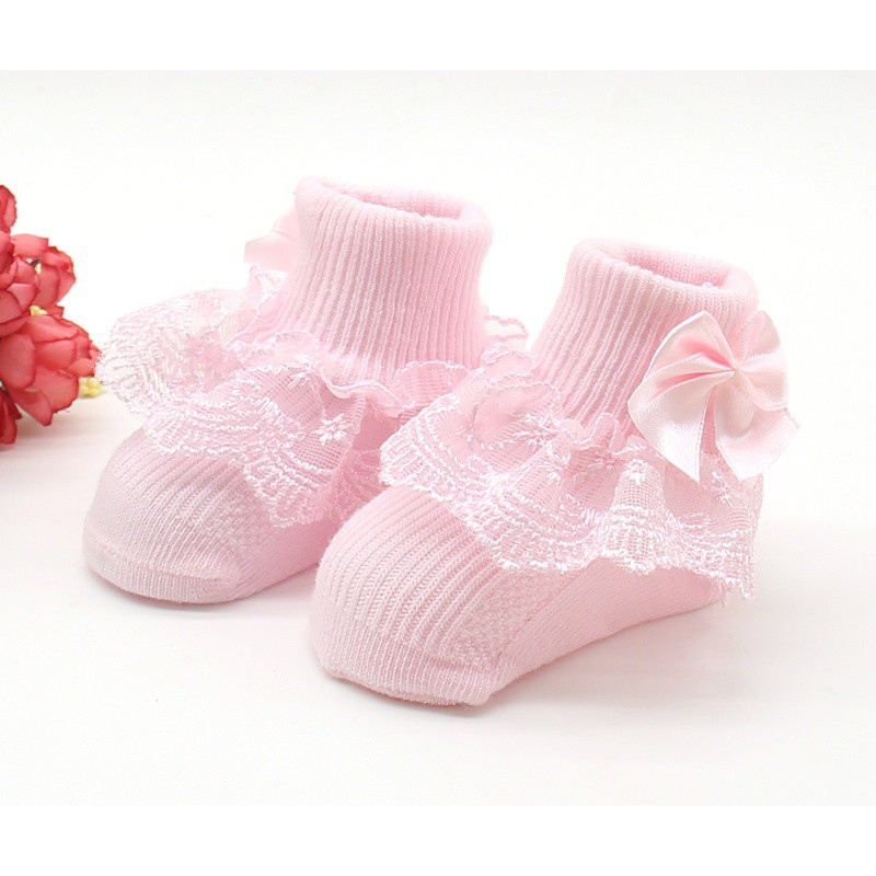 Vớ cotton mềm viền ren có đính nơ dễ thương cho bé gái