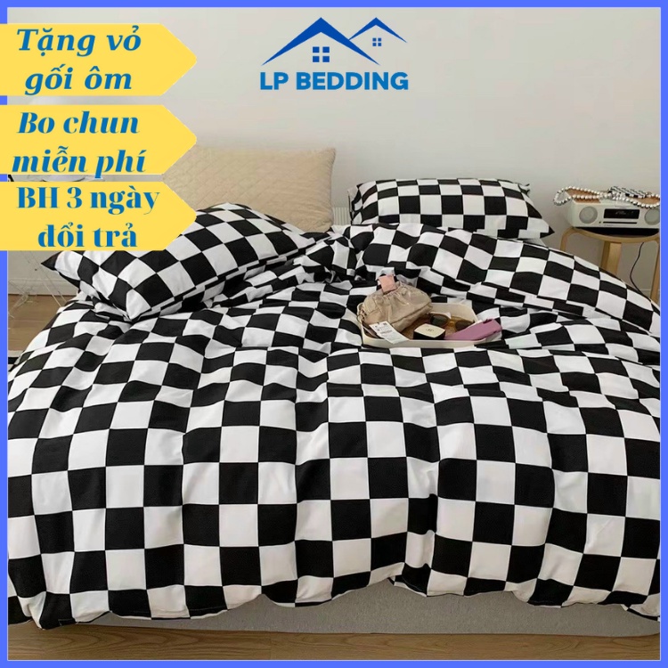 Chăn ga gối Poly cotton Hàn Quốc cao cấp caro đen trắng hot - Poly nhập khẩu