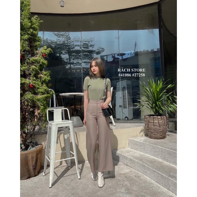 [RÁCH STORE] ÁO LEN GÂN BASIC 3029 TRƠN TAY NGẮN/ QUẦN TÂY ỐNG RỘNG 1 NÚT