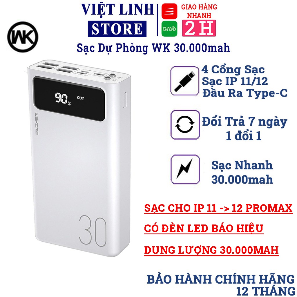 Pin sạc dự phòng 30000mah WK 175, đèn led hiển thị pin, 4 cổng USB đa năng, hàng chính hãng - Việt Linh Store