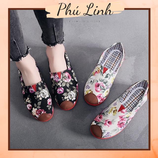 (Ảnh + video) Giày vải slip on hoa lá flowery