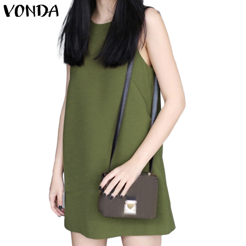 Đầm mini VONDA cổ tròn không tay màu trơn phong cách Hàn Quốc thời trang mùa hè cho nữ