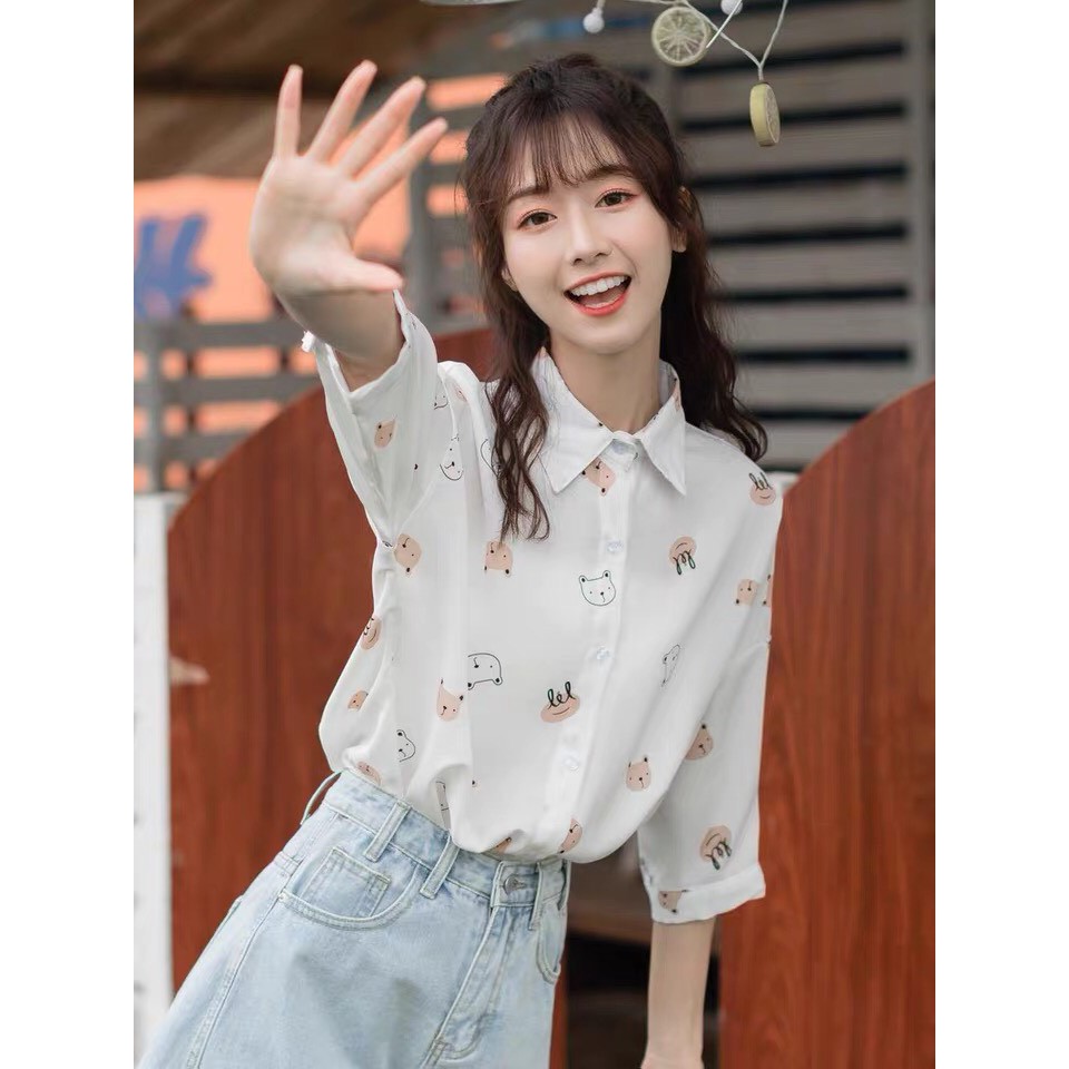 Áo sơ mi nữ trắng hoạ tiết cute, đáng yêu, kiểu dáng hàn quốc bánh bèo