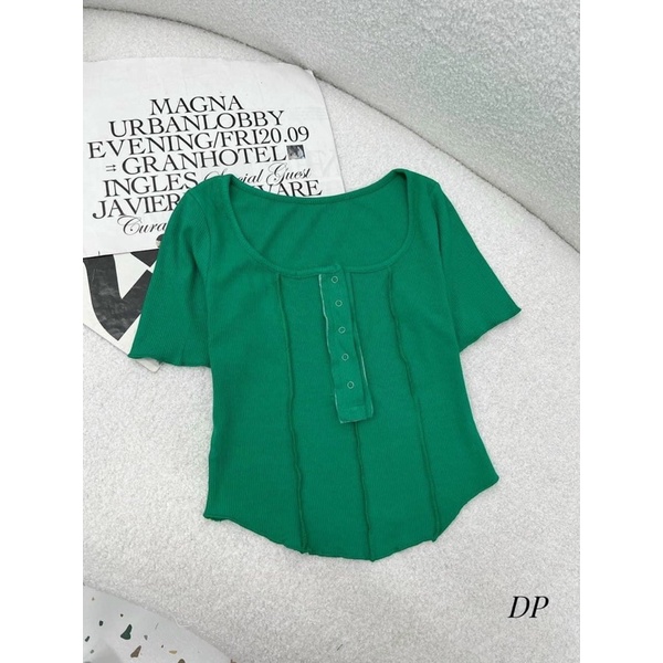 Áo thun borip núc bấm chiết eo tay ngắn