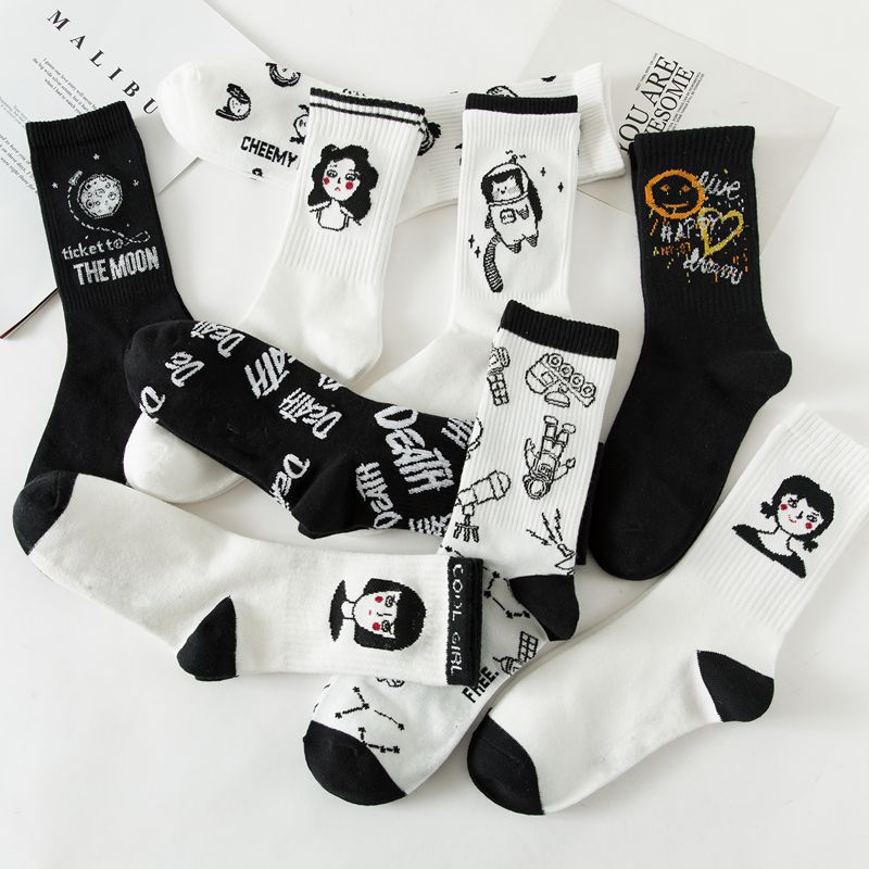 Black Cute Pattern Hip Hop Crew Funny Socks Novelty White Socks Cool Harajuku Designer Socks