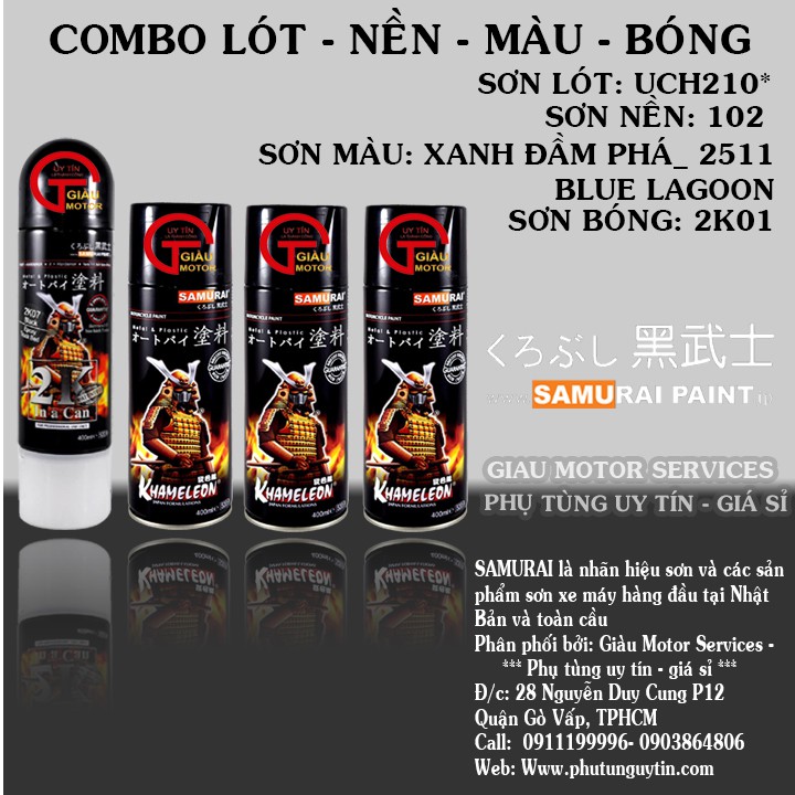 2511 - BỘ SP 4 CHAI SƠN XỊT SAMURAI LÓT 1TP UCH210 NỀN TRẮNG 102 MÀU XANH ĐẦM PHÁ BÓNG 2K01_ MÀU XANH ĐẦM PHÁ_BLUE LAGO