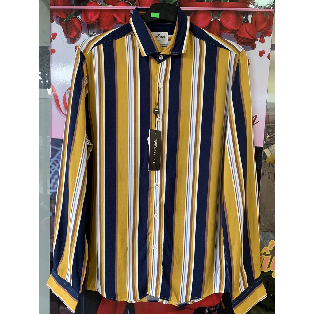 Áo sơ mi nam dài tay màu vàng kẻ thương hiệu Aristino chất mềm mát ALSM0808