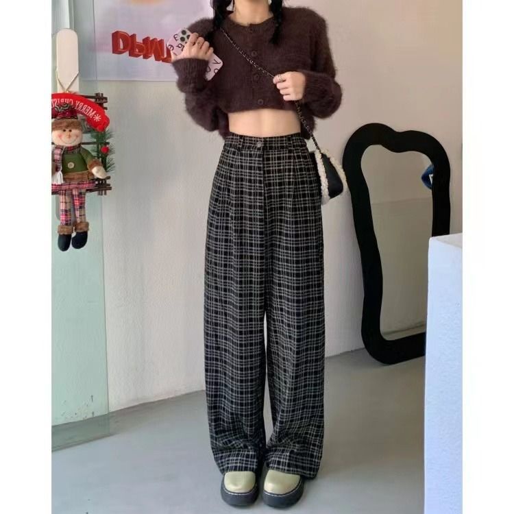 Quần Dài Lưng Cao Ống Rộng Họa Tiết Sọc Caro Phong Cách Retro Cho Nữ Sinh