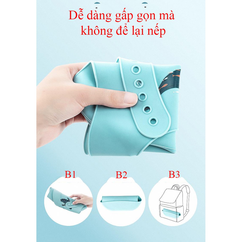 [Chính hãng HOYBELL] Yếm máng ăn dặm silicone 100%, mềm gấp gọn, loại không mùi, khay hứng 3D lớn