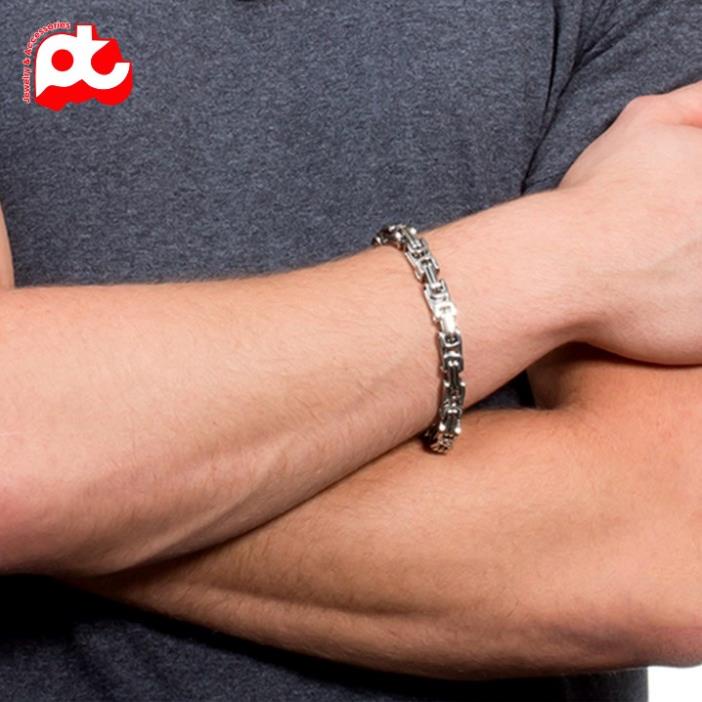 Lắc tay nam cao cấp đẹp sang trọng titan thép không gỉ kiểu ziczac vuông PT JEWELRY kích cỡ 9mm màu trắng PTLTNA78